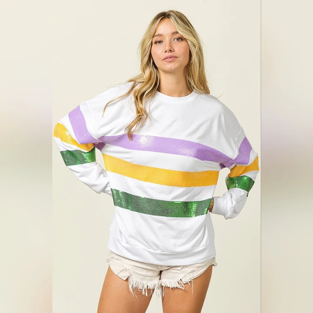 BiBi Sequin Mardi Gras Striped Round Neck Sweatshirt - Picture 10 of 14